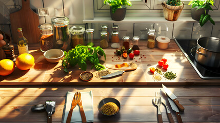 Kitchen Counter with Spices and Cooking Tools Kitchen Table with Spices and Cooking Wares - obrazy, fototapety, plakaty
