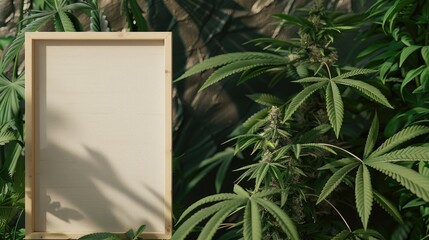 Thin wooden 3x4 ratio frame mockup fully visible with nothing covering it next to a cannabis plant  