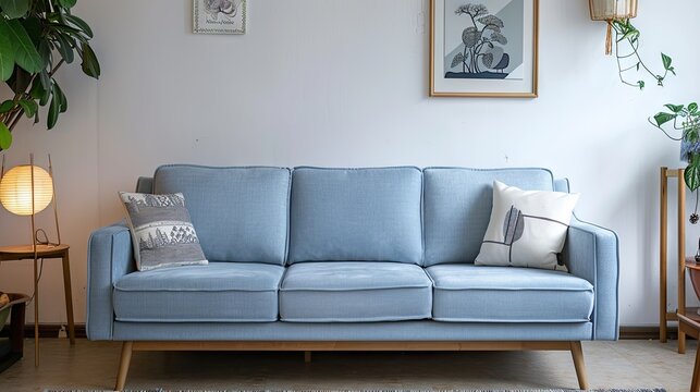 There is a Scandinavian style sofa in the middle of the room, the sofa is light blue, fabric material, 