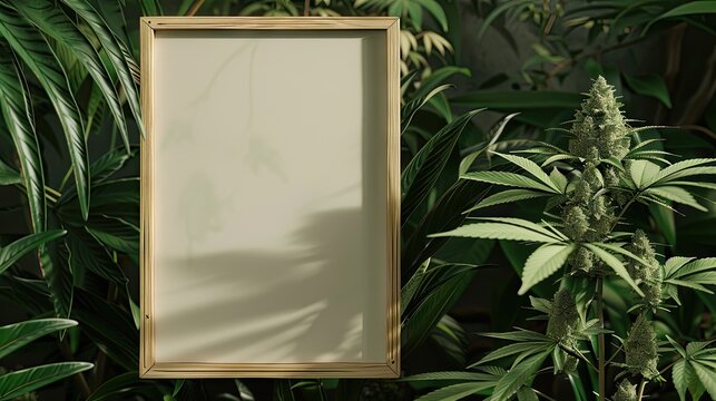 Thin wooden 3x4 ratio frame mockup fully visible with nothing covering it next to a cannabis plant  