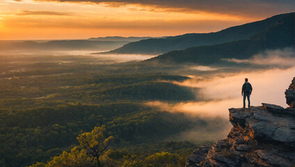 Man standing on top of mountain  - obrazy, fototapety, plakaty