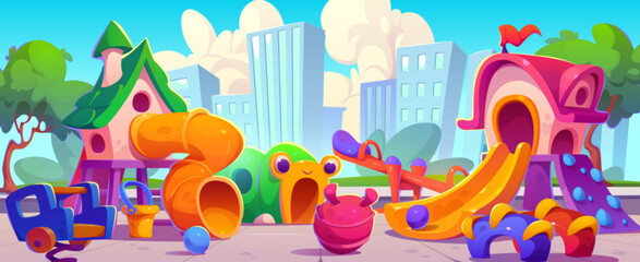 Park playground slide and swing for kid to play. Kindergarten or school game ground area with seesaw, tube and rocking toy daycare amusement. Urban outdoor preschool court city landscape design