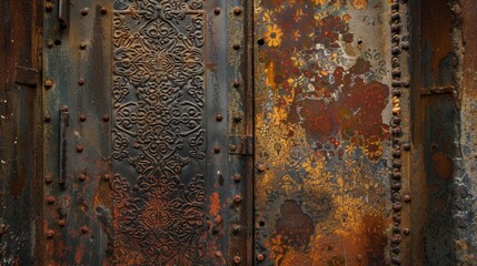 A set of rusted metal doors covered in intricate designs and patterns beckoning to be explored within the depths of a hidden alcove.