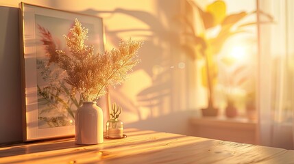 wall art print mockup on a wooden table top in front of a window, postminimalism, tilt shift, vray tracing, depth of field​