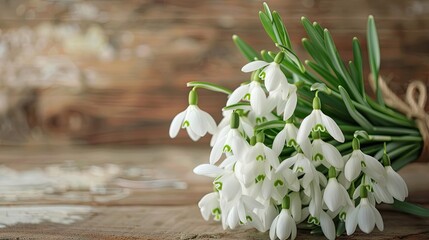 we see snowdrop flowers in close up with bouquet  