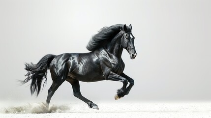 majestic black horse galloping in grey studio	
 - obrazy, fototapety, plakaty