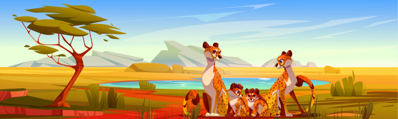 Cheetah family on savannah landscape. Vector cartoon illustration of African leopard pride sitting near lake in desert, clear water, green tree and grass, rocky stones on horizon, blue summer sky