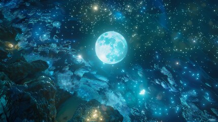 Fototapeta premium fluorescent ocean moonlight sparkling stars illustration abstract poster web page PPT background