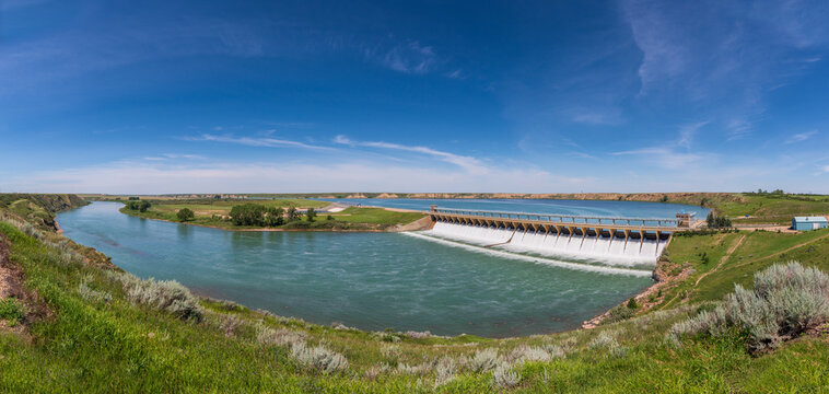 View of the river dam in the country; Bassano Dam, Alberta, Canada
