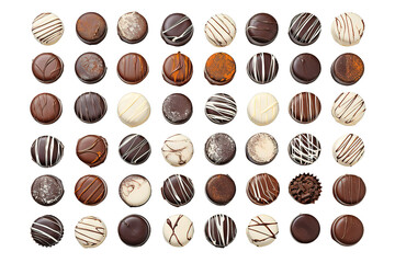variety of chocolate pralines, symmetrical isolated on PNG Background. Generative Ai.