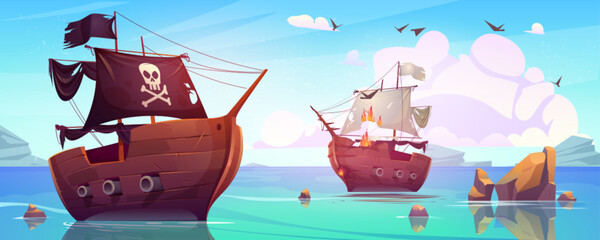Shipwreck after pirate ship attack. Vector cartoon illustration of sailboat burning, vintage corsair vessel with jolly roger skull on black flag, clouds and birds in summer sky, stones above sea - obrazy, fototapety, plakaty
