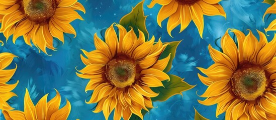 Abstract design featuring sunflower pattern on vibrant blue backdrop, perfect for textiles and wallcoverings.
