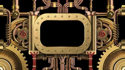 Screen With Metal Pipes And Gears. Illustration On The Theme Of Steampunk, Production And Machines, History And Relics.	
