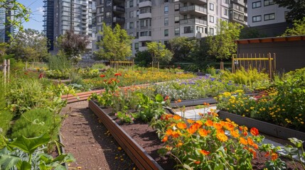 A community garden nestled between rows of tall apartment buildings with vibrant flower beds and vegetable patches creating a sense of community while bringing nature into