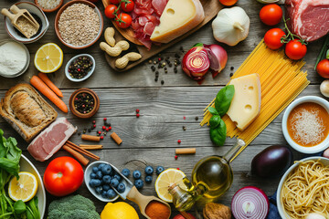 A photo of various foods including fruits, vegetables and grains arranged on top of an old wooden...