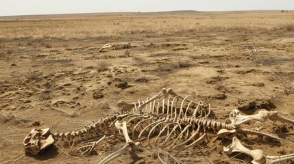 A vast dry plain dotted with skeletal remains of animals evidence of the harsh conditions that have ravaged the land.