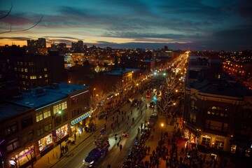 A view from above showing a city street illuminated at night with car lights, bustling with activity and movement