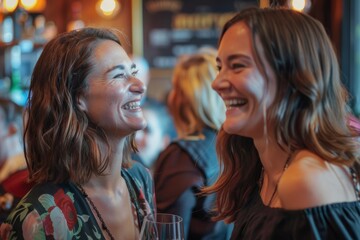 Candid shot of two women standing next to each other, laughing joyfully amidst a conversation