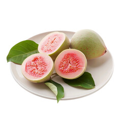 Fresh guava fruit on white plate. Transparent background for design elements.