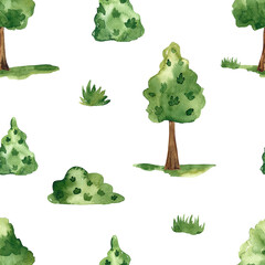 Watercolor seamless pattern with trees, bushes, grass, park texture, green print