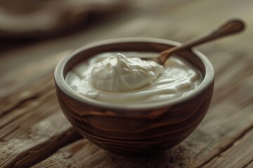 A wooden bowl filled with cream rests on a wooden table