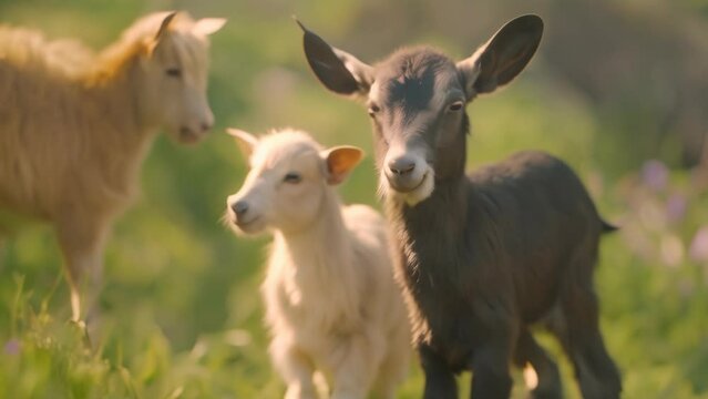 Baby and adult goats black brown white. 4k video animation