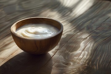 Fototapeta na wymiar A bowl filled with yogurt is placed on a wooden table, casting soft shadows under dynamic lighting