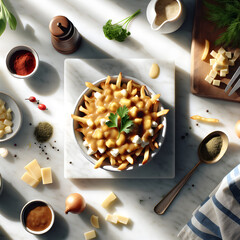 Fresh Poutine Dish with Herbs on Marble Counter