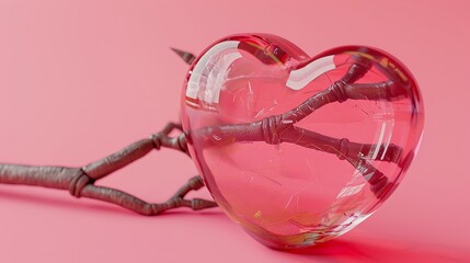 Closeup on a heart molded glass holding tight a branch on pink background