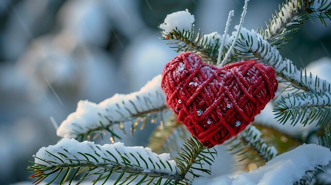 Christmas heart red weaved image of affection in the snow on fir branches