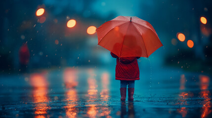 Full length portrait Child playing in rain. Kid with umbrella on Coral background professional photography