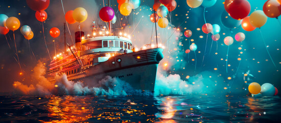 Party on a big ship with balloons and lights. Festive bright banner. Holiday concept.
