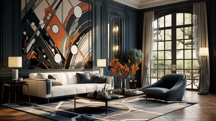 Living room art deco interior design ai generated