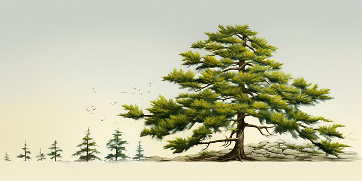 a huge tree in a forest with small trees woodland creatures calmful background