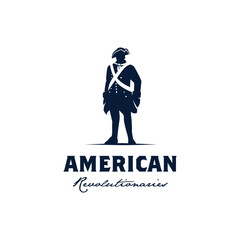 American Patriot Wear Tricorn Hat Standing Silhouette.Army Military Revolution War Logo Design