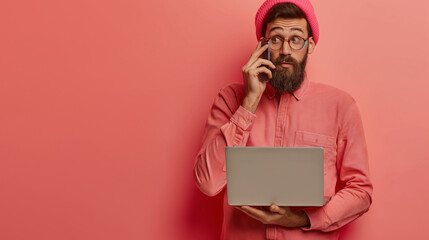 Full length portrait Confused man talking on mobile phone using laptop on Coral background professional photography - obrazy, fototapety, plakaty