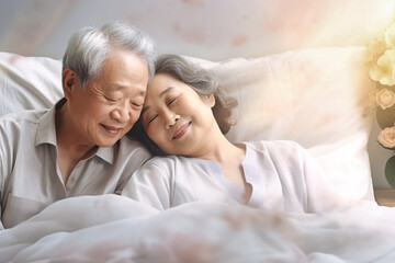 An elderly Asian man and woman are laying comfortably side by side on a couch, enjoying a quiet moment together
