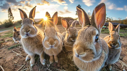 Obraz premium A group of rabbits standing closely next to each other in a field