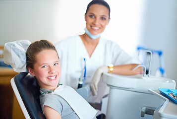 Happy, dentist and portrait of child in chair for cleaning, teeth whitening and wellness. Healthcare, dentistry and woman and girl with tools for dental hygiene, oral care and medical consultation