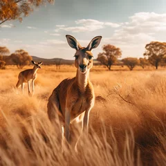 Foto auf Acrylglas Antireflex A majestic kangaroo stands tall against the backdrop of the Australian outback and a clear blue sky © Breyenaiimages