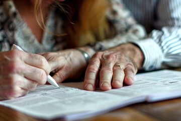 A woman focused on writing on a piece of paper at a table, with selective focus on her hands pointing to document details - Powered by Adobe