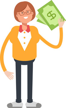 Office Woman Character Holding Dollar Banknotes
