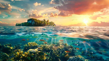 Poster A realistic painting of a vibrant coral reef with various marine life, set against a colorful sunset on the horizon © Anoo