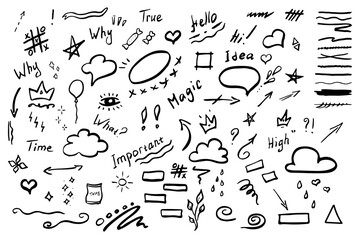 Doodle design elements, on white background. Marker pen lines, Arrows, crowns, brush stroke, sun, cloud, star. Vector illustration on white background