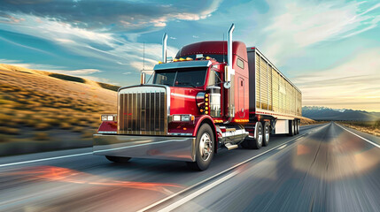 A cargo semi-truck is seen driving down a highway as the sun sets in the background