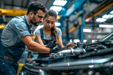 Fototapeta na wymiar A mechanic and a woman are seen discussing car parts and working on a vehicle in a commercial setting