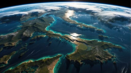 Fototapeta na wymiar The earth from space, with the sun shining over the ocean. Generative AI.