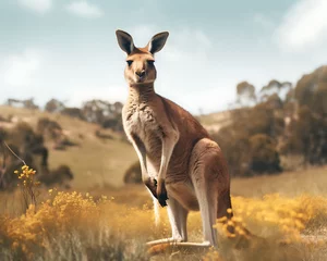 Foto op Plexiglas A majestic kangaroo stands tall against the backdrop of the Australian outback and a clear blue sky © Breyenaiimages