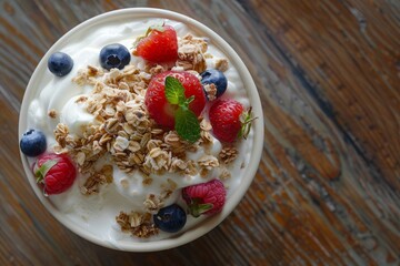 A top-down view of a bowl filled with yogurt, fresh berries, and crunchy granola on a rustic wood surface