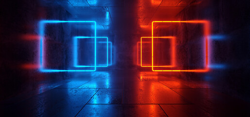 Futuristic Modern Cyber Laser Neon Square Lights GLowing Blue Orange Cement Grunge Room Corridor Tunnel Bunker Stage Podium Background 3D rendering - 769355552